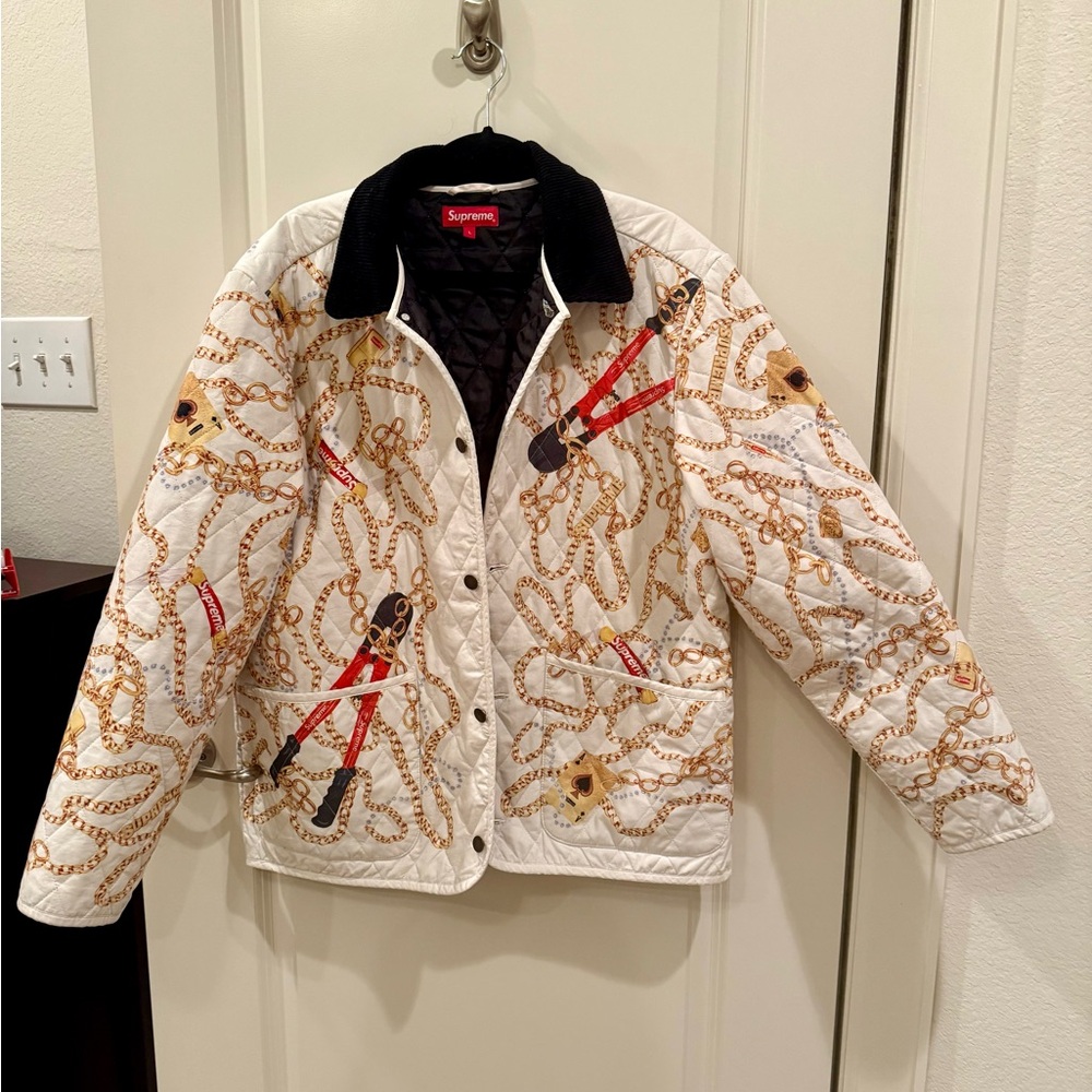 Supreme White and Gold Chain Print Men’s Quilted Jacket